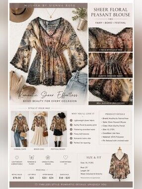Mushka by Sienna Rose Sheer Boho Floral Peasant Blouse XL Y2K Festival
